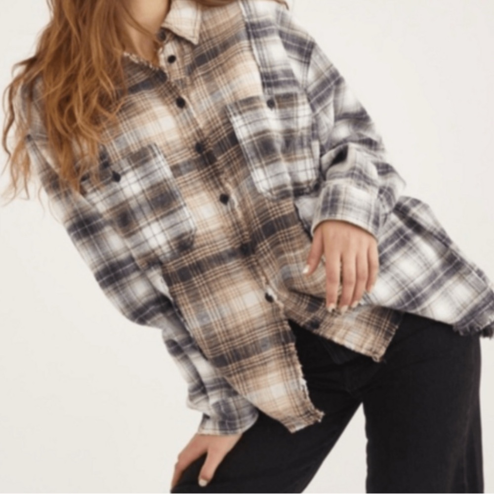 BDG Urban Outfitters Kaden mixed plaid flannel with a high low hem small